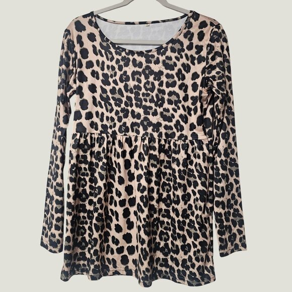Tops - Women's Vibrant Leopard Print Babydoll Tunic Top Long Sleeve Empire Waist M